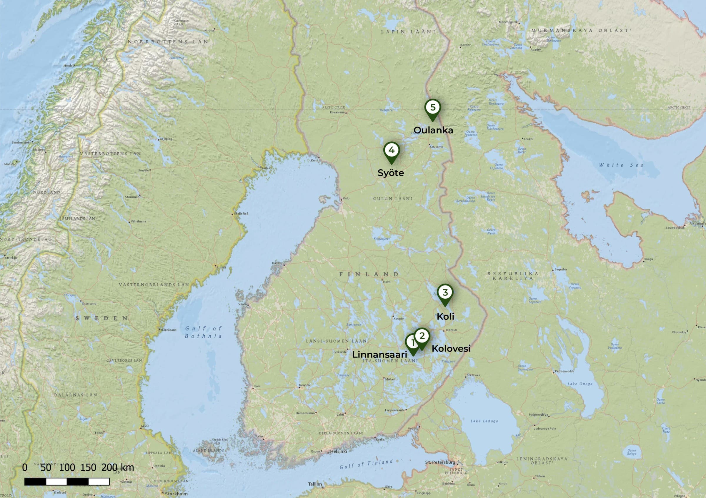 De 5 nationale parken in Finland op de kaart