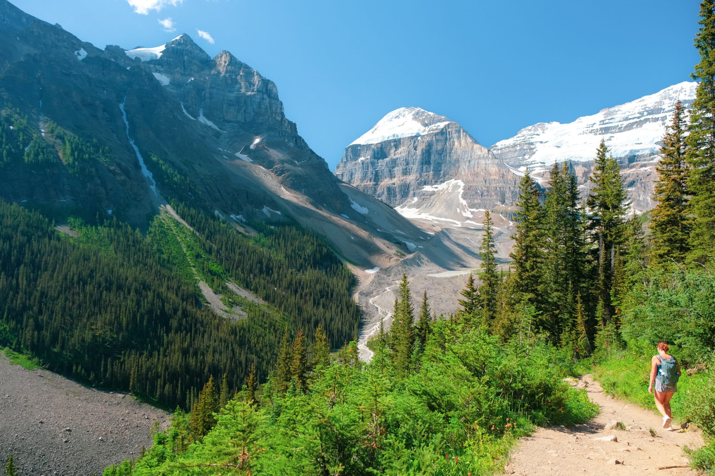 Plain of Six Glaciers-roete, die eerste gletsers is in sig | Banff Nasionale Park