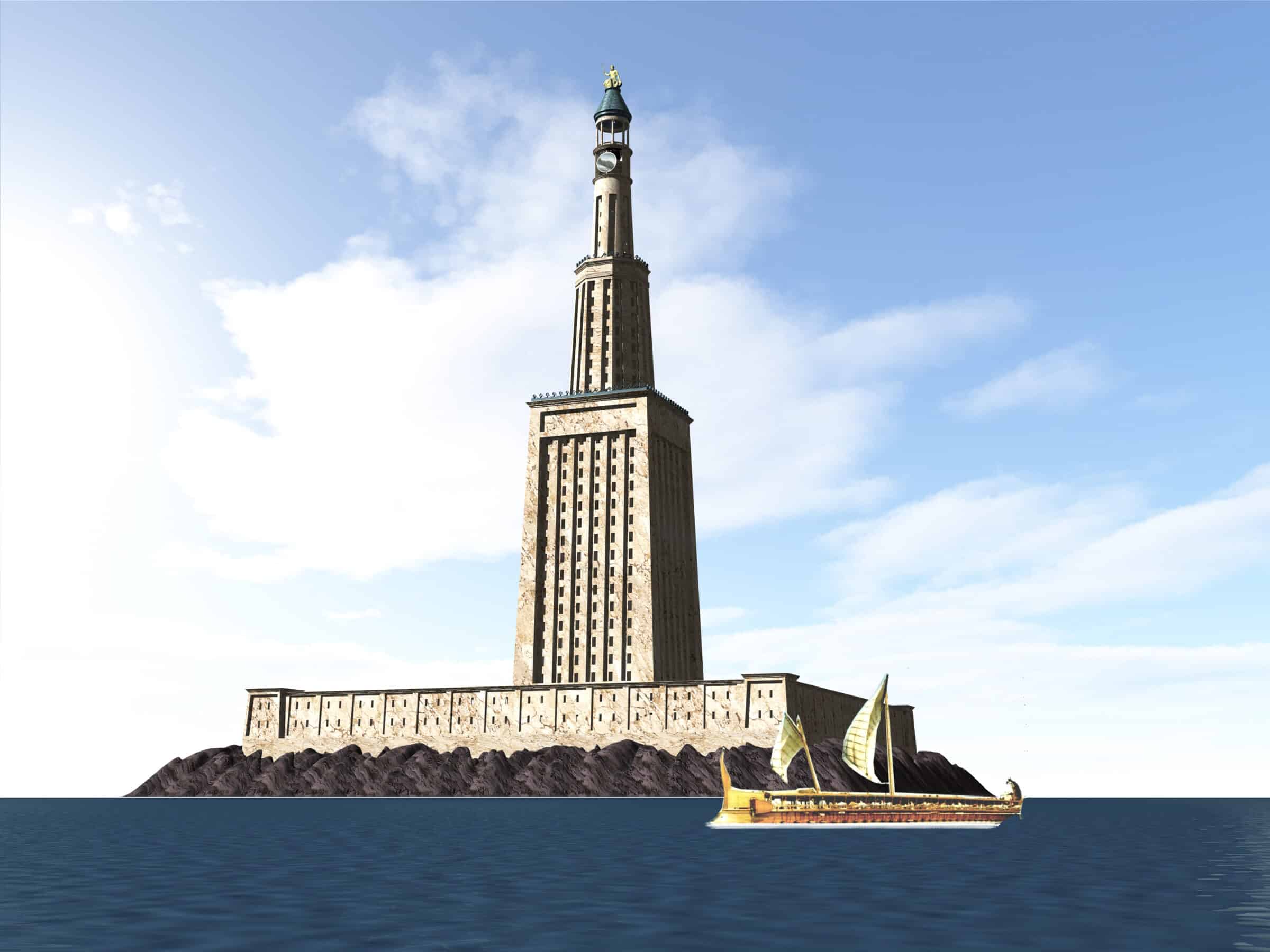 De vuurtoren (Pharos) van Alexandrië | Illustratie door Emad Victor SHENOUDA, https://commons.wikimedia.org/w/index.php?curid=27872767