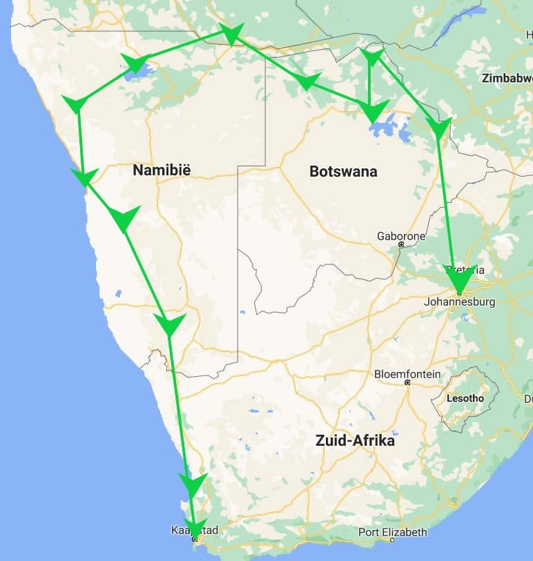 Reisroute 5: 5 weken one-way roadtrip / reisroute door Namibië, Botswana en Zuid-Afrika
