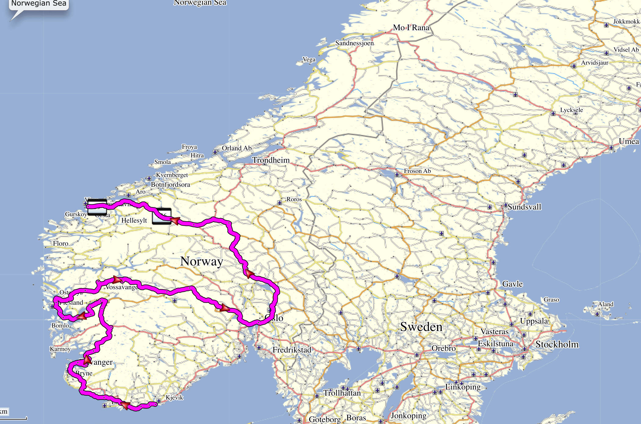 De route die we hebben afgelegd tijdens onze roadtrip door Zuid-Noorwegen