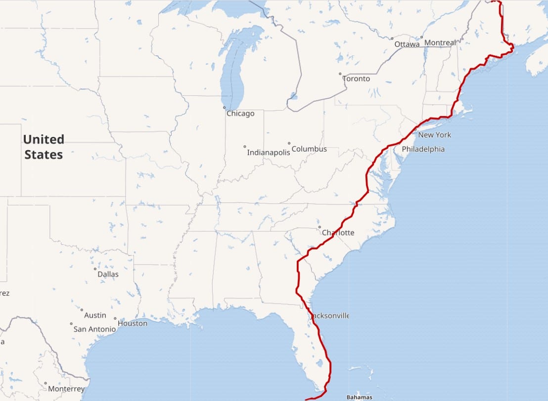 طريق الولايات المتحدة 1 (الطريق السريع 1) على الساحل الشرقي للولايات المتحدة