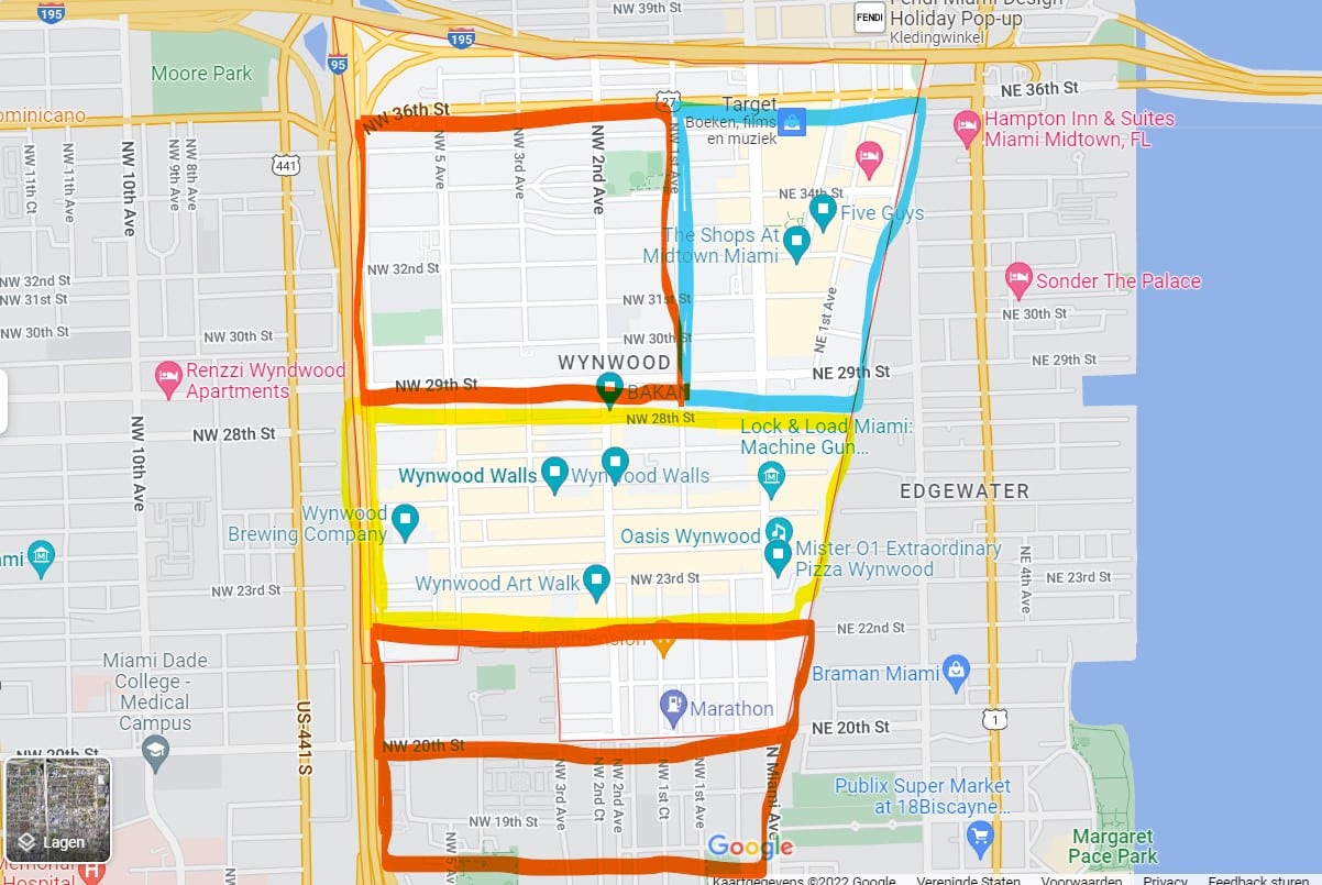 Google Maps overzicht van de wijk Wynwood in Miami