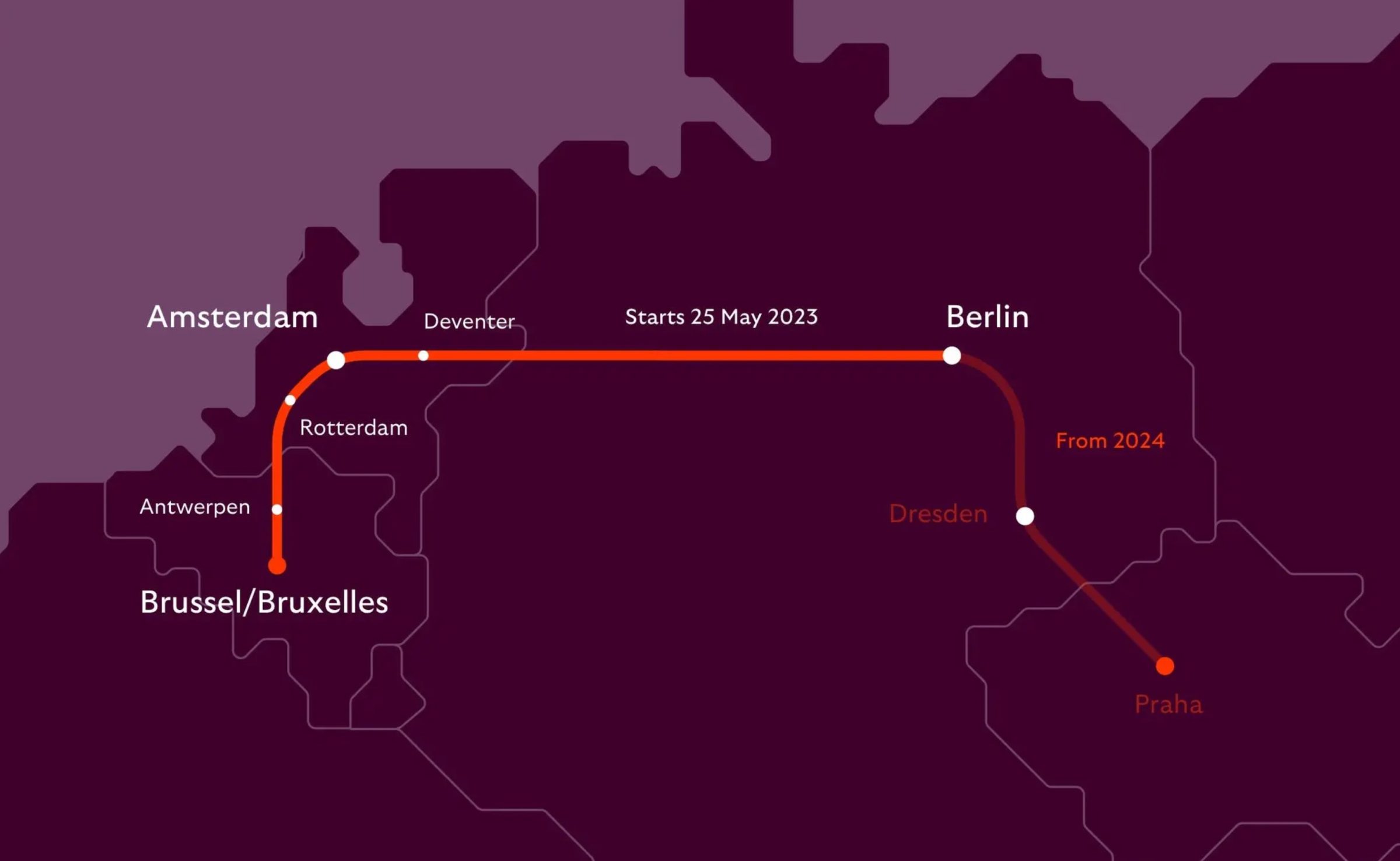 Roete van die nagtrein Brussel - Amsterdam - Berlyn | Beeld via Europeansleeper.eu
