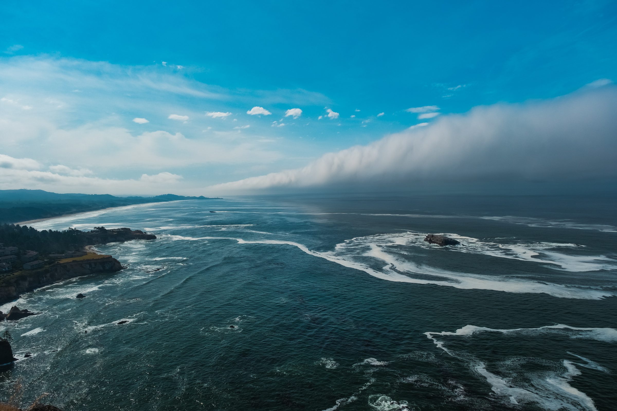 The thick fog bank rolls into the sea and suddenly there is color in life again | Oregon Coast