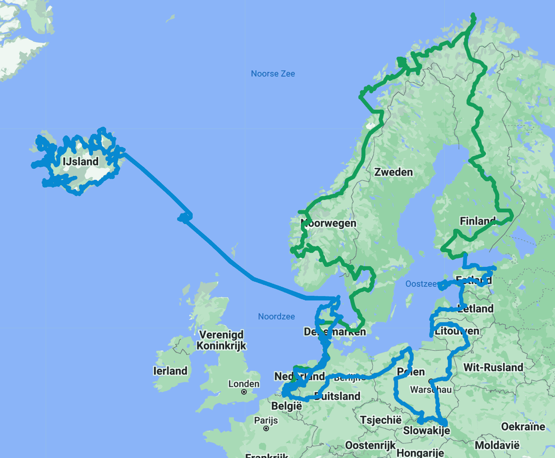 Our overland route through wintery Northern Europe (green: 2021, blue:2022)