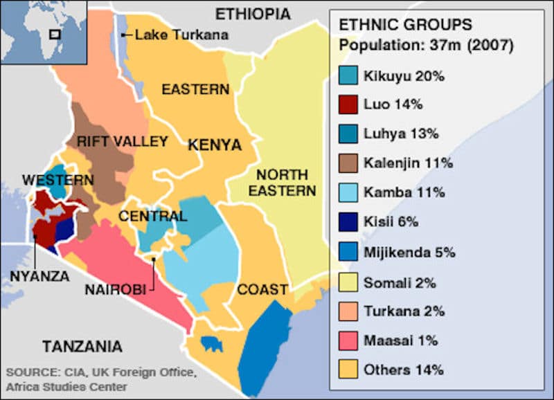 Kaart uit 2007 (nb Kenia telt anno 2022 bijna 50 miljoen inwoners)