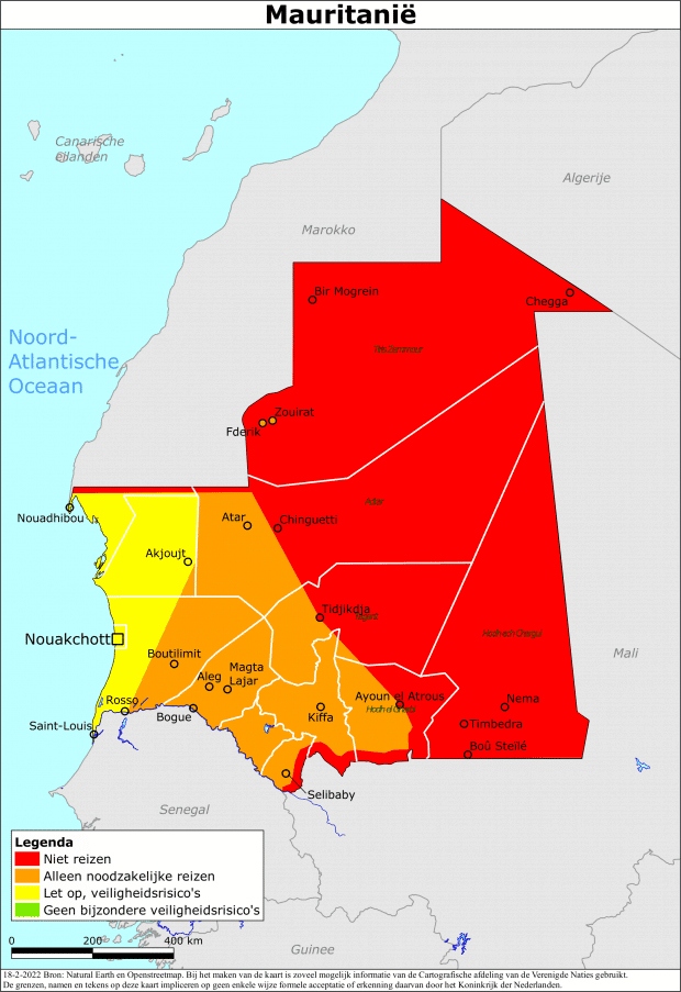 Kaart reisadvies Mauritanië | Bron: Nederlandwereldwijd