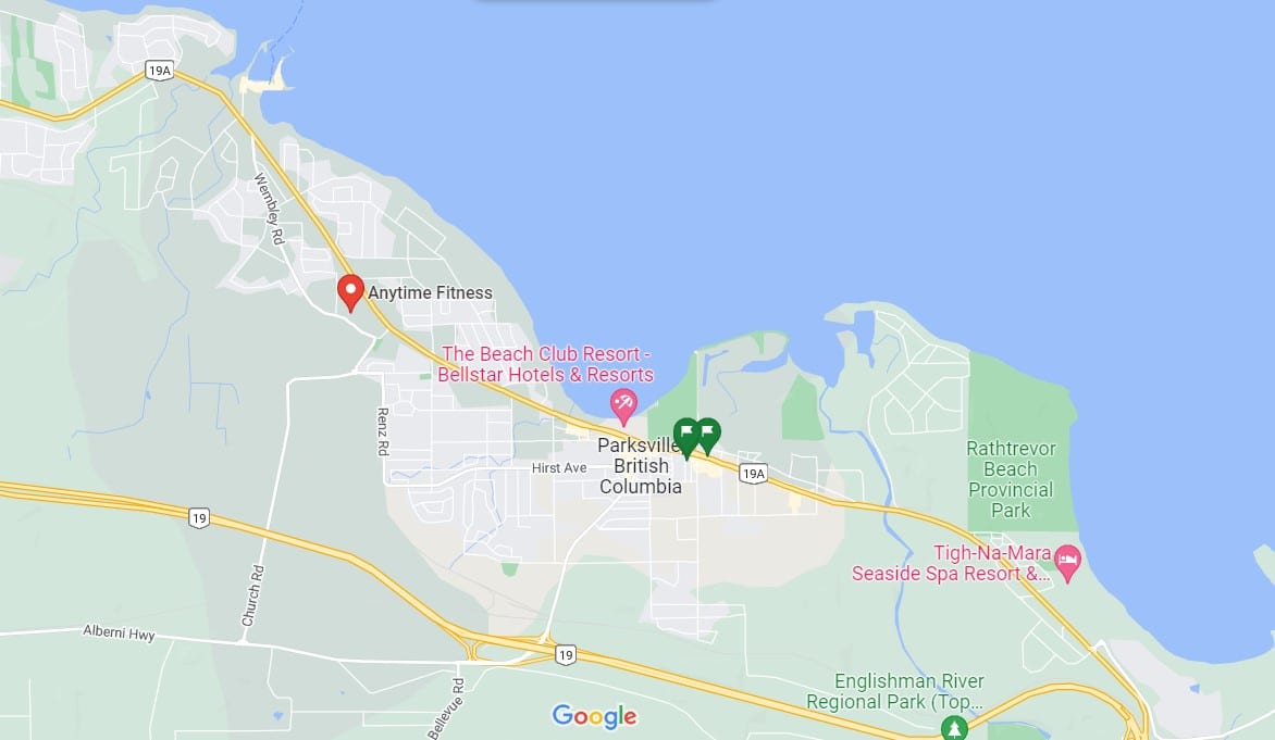 Locatie van de wildkampeerplek op Vancouver Island bij Parksville op de kaart, bij Anytime Fitness